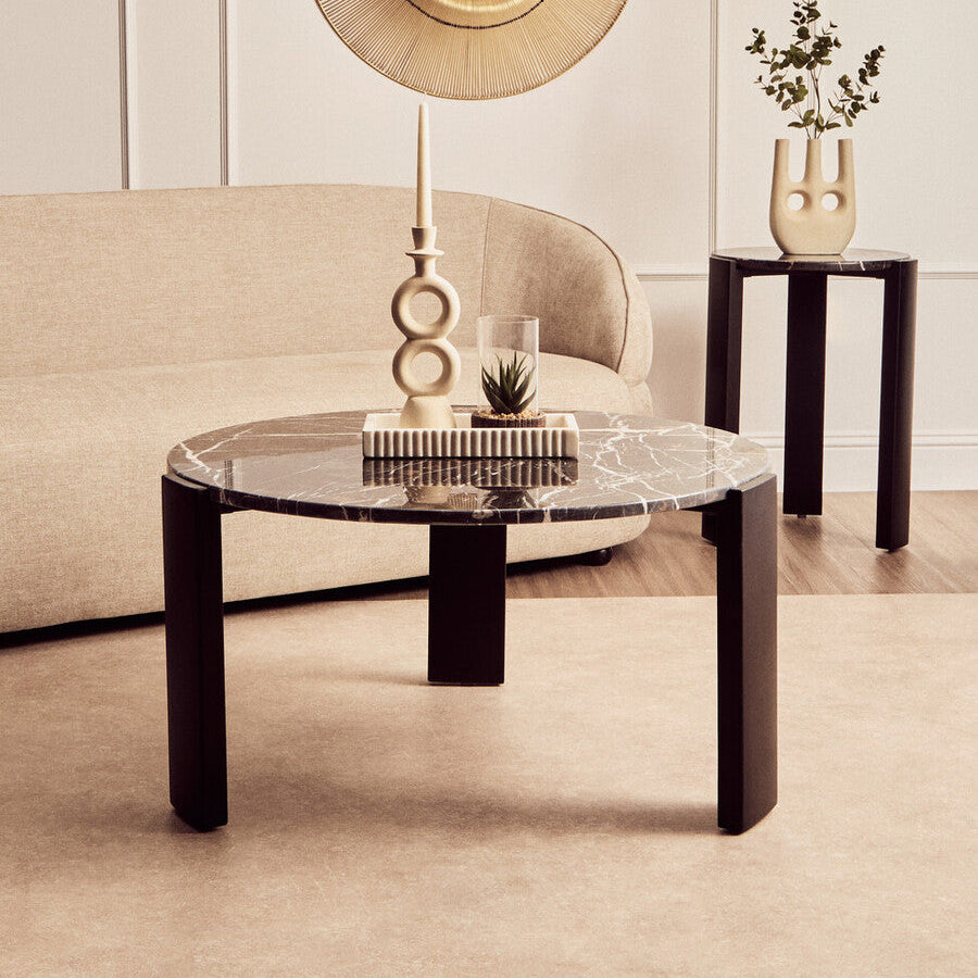 Large black round marble top coffee table with black acacia wood legs, Palermo design by Orsina.