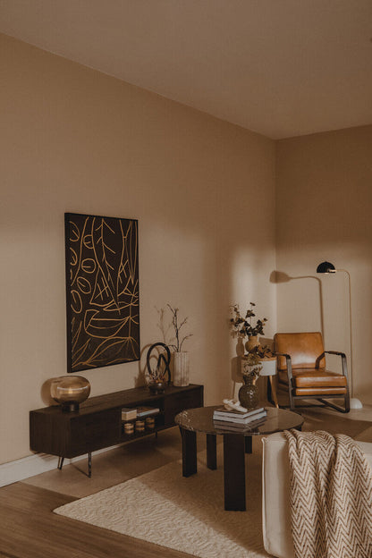 Black round marble top coffee table with black acacia wood legs, Palermo by Orsina, modern and stylish living room furniture.