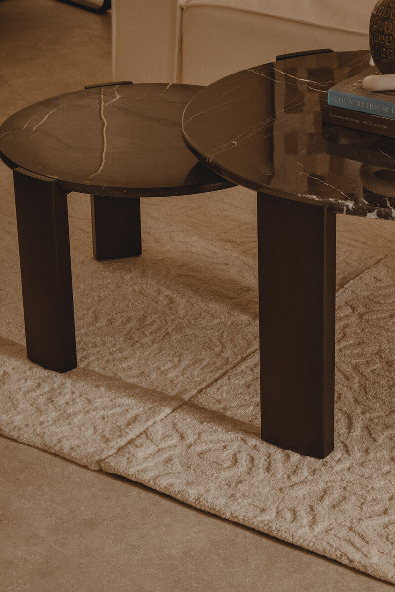 Large black round marble top coffee table with black acacia wood legs, Palermo style by Orsina.