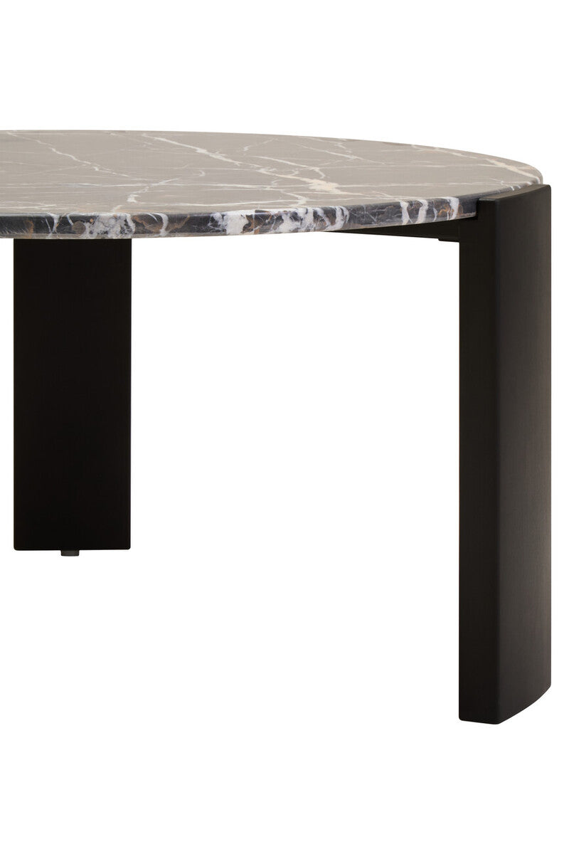 Black round marble top coffee table with black acacia wood legs, large size, from Orsina's Palermo collection.
