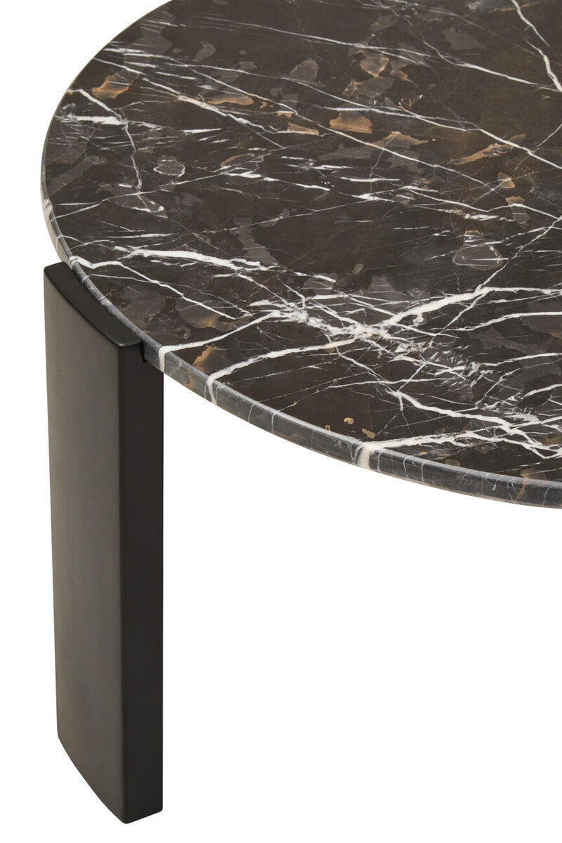 Large black round marble top coffee table with black acacia wood legs, Palermo by Orsina, modern and stylish living room furniture.