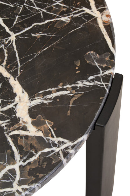Large black round marble coffee table with black acacia wood legs, Palermo design by Orsina