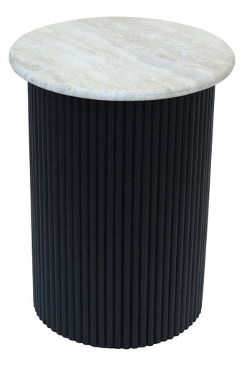 Cream polished travertine top side table with ridged black acacia wood cylindrical base by Orsina Walton.