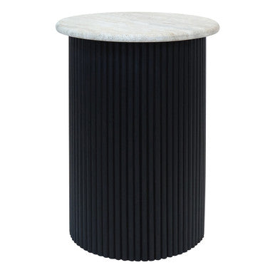 Cream polished travertine side table with ridged black acacia wood cylindrical base by Orsina Walton.