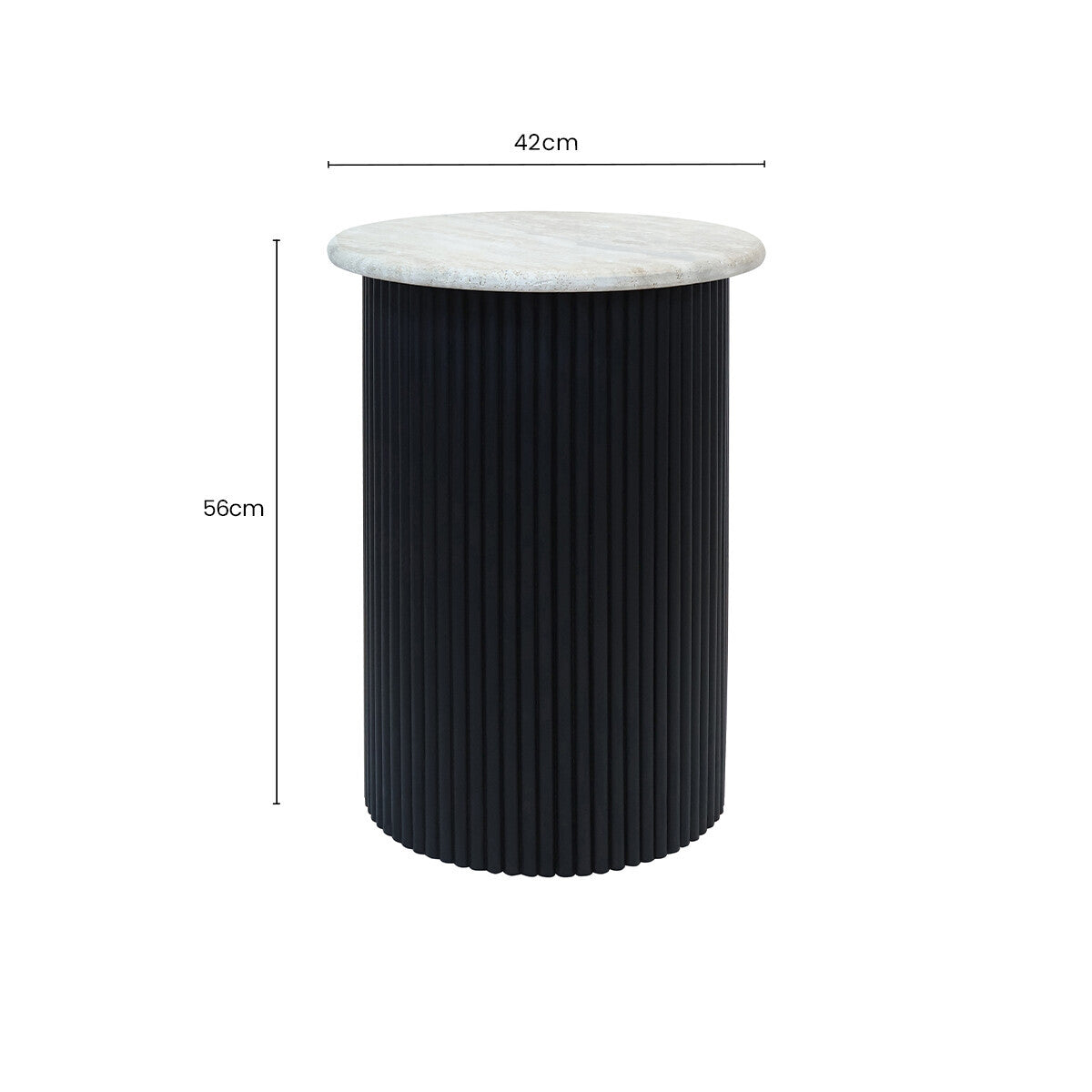 Cream polished travertine top side table with ridged black acacia wood cylindrical base, modern Orsina Walton side table.