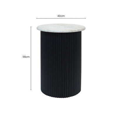 Cream polished travertine top side table with ridged black acacia wood cylindrical base, modern Orsina Walton side table.