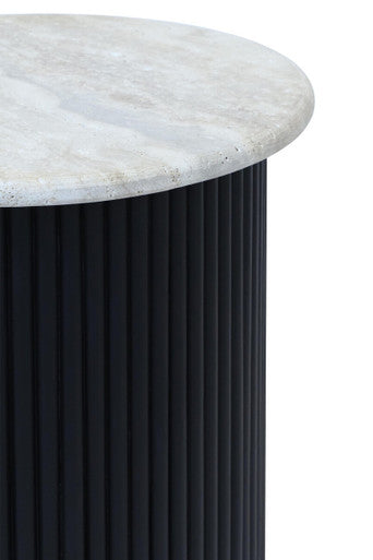 Cream polished travertine top side table with ridged black acacia wood cylindrical base by Orsina Walton.