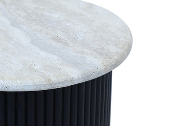 Cream polished travertine side table with a ridged black acacia wood cylindrical base by Orsina Walton.