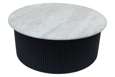 Cream polished travertine top coffee table with ridged black acacia wood drum base by Orsina.