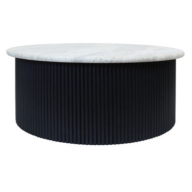 Cream polished travertine top coffee table with ridged black acacia wood drum base by Orsina, modern living room furniture piece