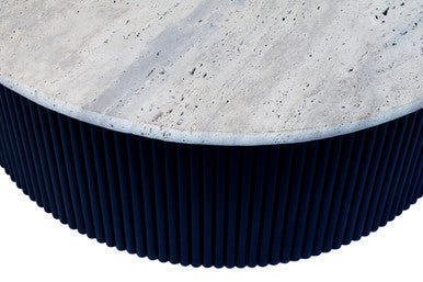 Cream polished travertine top coffee table with ridged black acacia wood drum base by Orsina, modern living room furniture piece