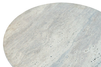Cream polished travertine top coffee table with ridged black acacia wood drum base by Orsina Walton.