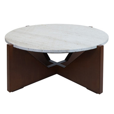 Cream travertine top coffee table with brown acacia wood geometric frame by Orsina, modern and stylish living room centerpiece.