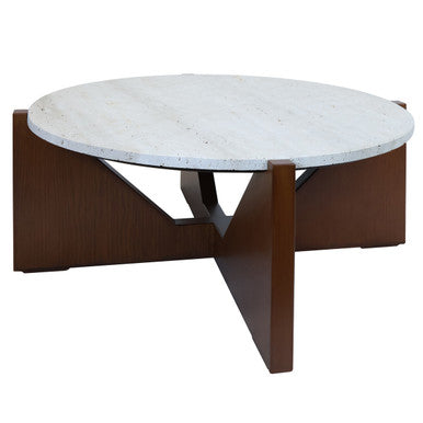 Cream travertine top coffee table with brown acacia wood geometric frame by Orsina, modern and stylish living room furniture.