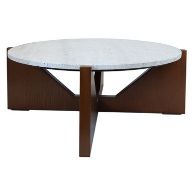 Cream travertine top coffee table with brown acacia wood geometric frame by Orsina, modern living room furniture piece