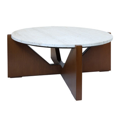 Cream travertine top coffee table with a brown acacia wood geometric frame by Orsina.