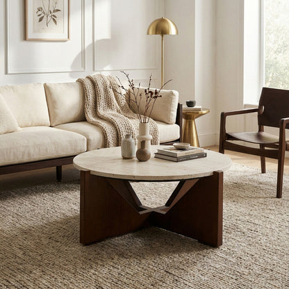 Cream travertine top coffee table with brown acacia wood geometric frame by Orsina, modern and stylish living room accent piece.
