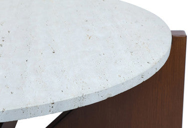 Cream travertine top coffee table with a brown acacia wood geometric frame by Orsina.