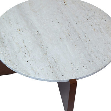 Cream travertine top coffee table with brown acacia wood geometric frame by Orsina, modern and stylish living room furniture.