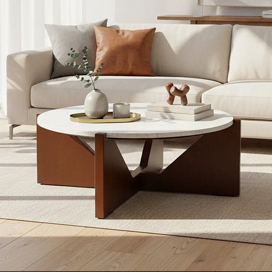 Cream travertine top coffee table with a brown acacia wood geometric frame by Orsina Walton, modern living room furniture.