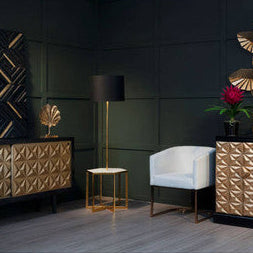 Orsina Sika white marble and gold floor lamp with sleek design and modern style, featuring a marble base and gold accents.