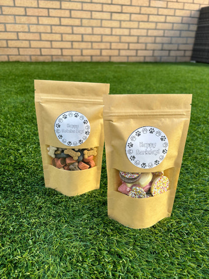 The Bonnie Hound Happy Barkday Treat Pick n Mix chocolate treats in a 150g bag, shown with assorted dog-friendly chocolates.