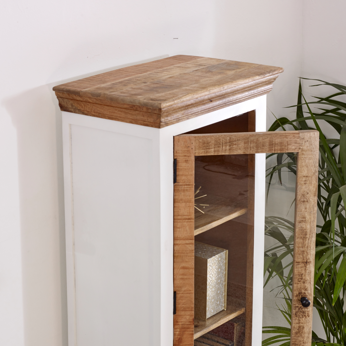 InStock Alfie Wood bookcase with three open shelves and a door, ideal for home storage and display in a stylish wooden design.