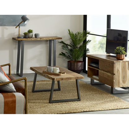 InStock Baltic Live Edge Coffee Table made of natural wood with a smooth, polished surface and rustic edge design in a modern living room setting.