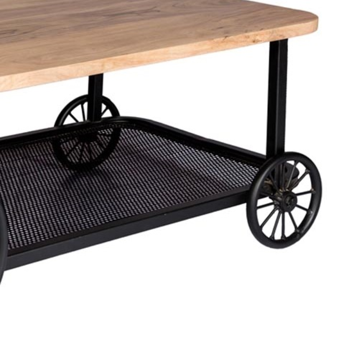 InStock Craft Wheel coffee table with a round wooden top and metal base, modern furniture piece for living rooms.