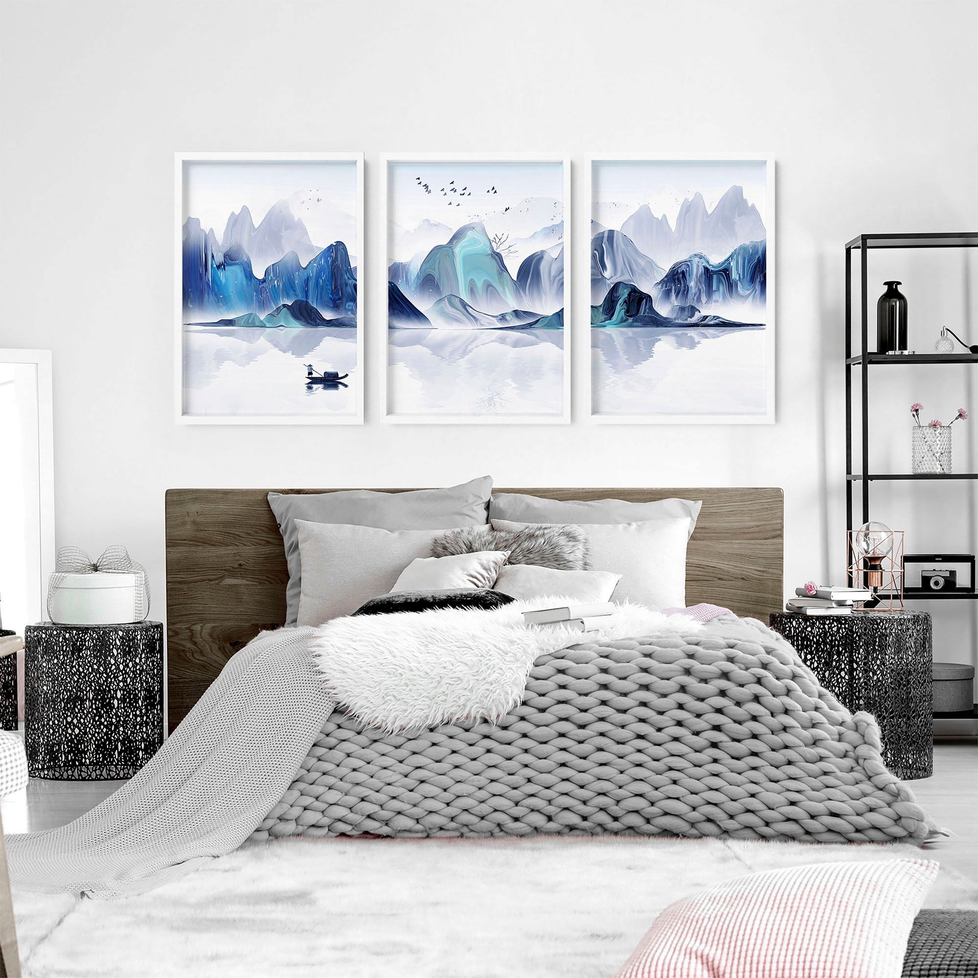 Set of three Japanese wall art prints by About Wall Art, featuring traditional and modern bedroom wall decor images.
