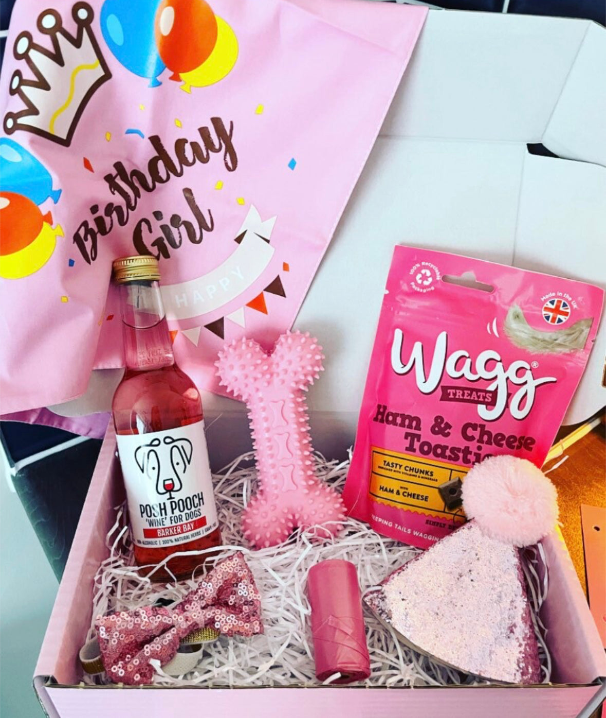 Birthday Girl dog hamper by The Bonnie Hound with treats and toys for celebrating dogs on special occasions.