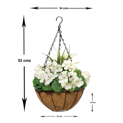 Pair of GreenBrokers 2X artificial round coir hanging planters with white geraniums, 52cm, suitable for outdoor or indoor decor.