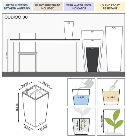 Lechuza CUBICO 30 self-watering charcoal-colored flower pot with modern design and built-in water reservoir.