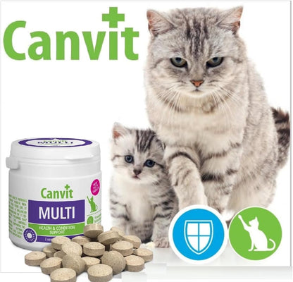 Canvit Multivitamins for Cats by Pet Nourish, 100g jar showing colorful tablets for daily health, immunity, and stress support.