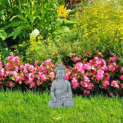 Sitting Buddha garden ornament, 30 cm tall, weatherproof and frost-proof light grey sculpture, decorative figurine for outdoor spaces.