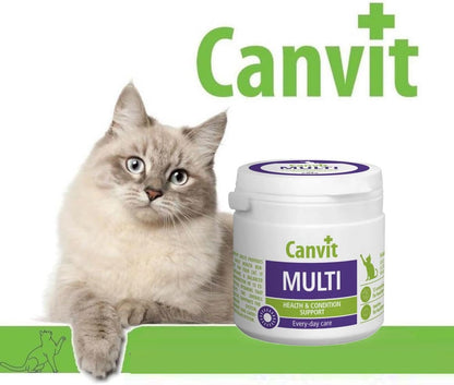 Canvit Multivitamins for Cats by Pet Nourish in 100g package, showing the product container and supplement label.