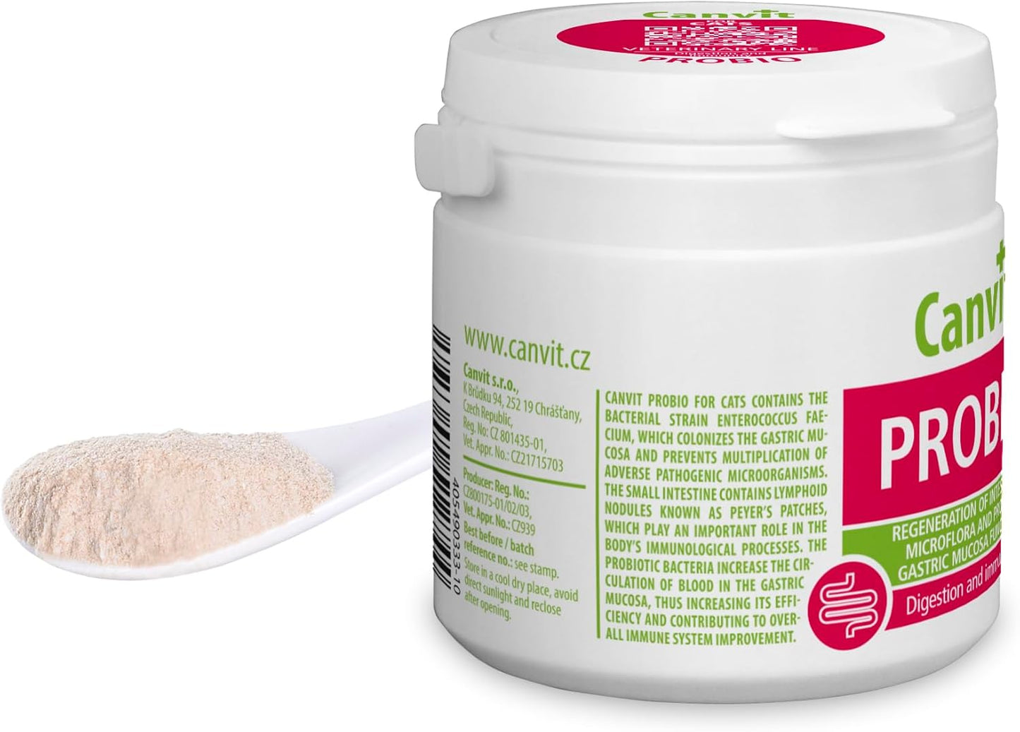 Canvit Probio probiotic supplement for cats in a 100g container, supporting healthy digestion and gut health.