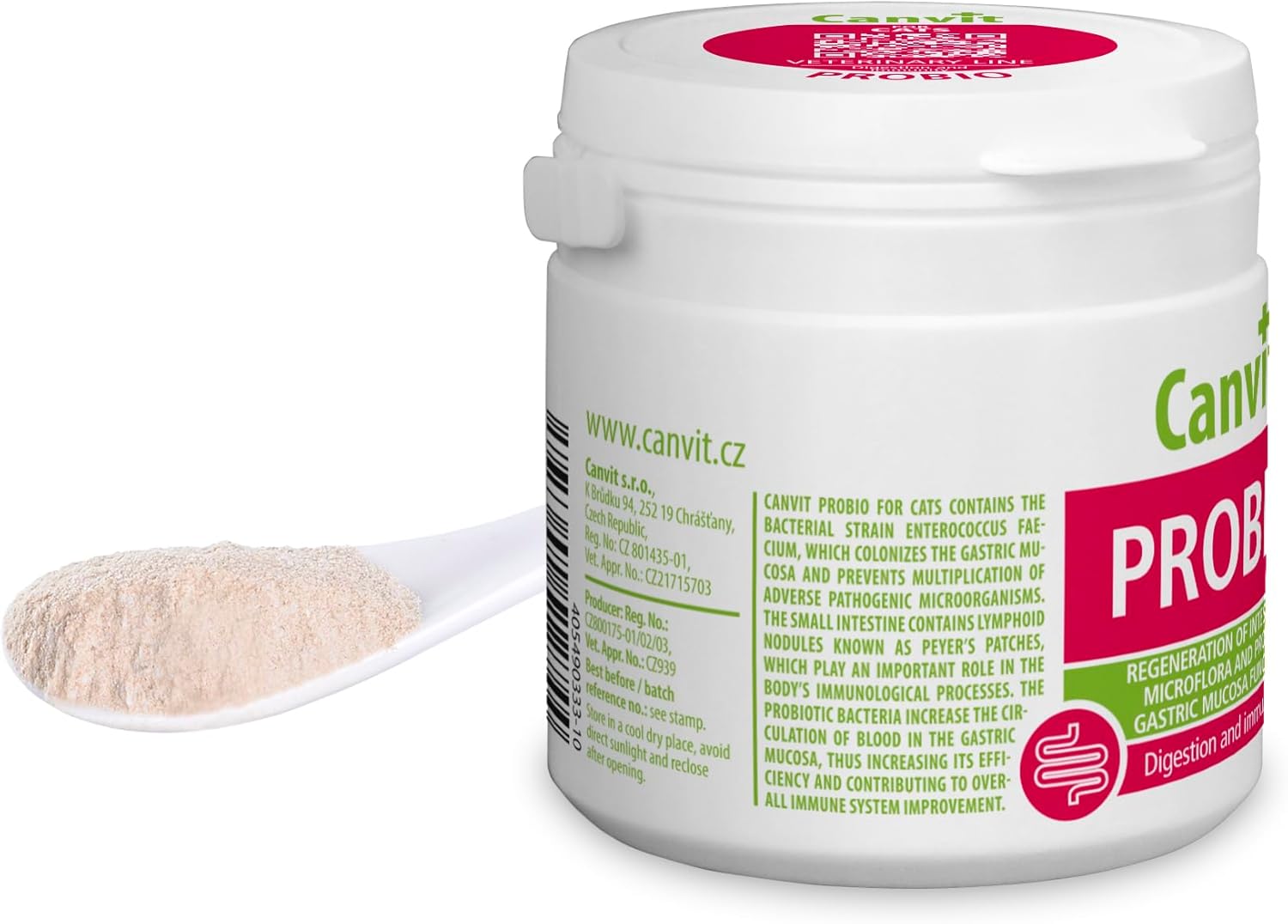 Canvit Probio probiotic supplement for cats in a 100g container, supporting healthy digestion and gut health.