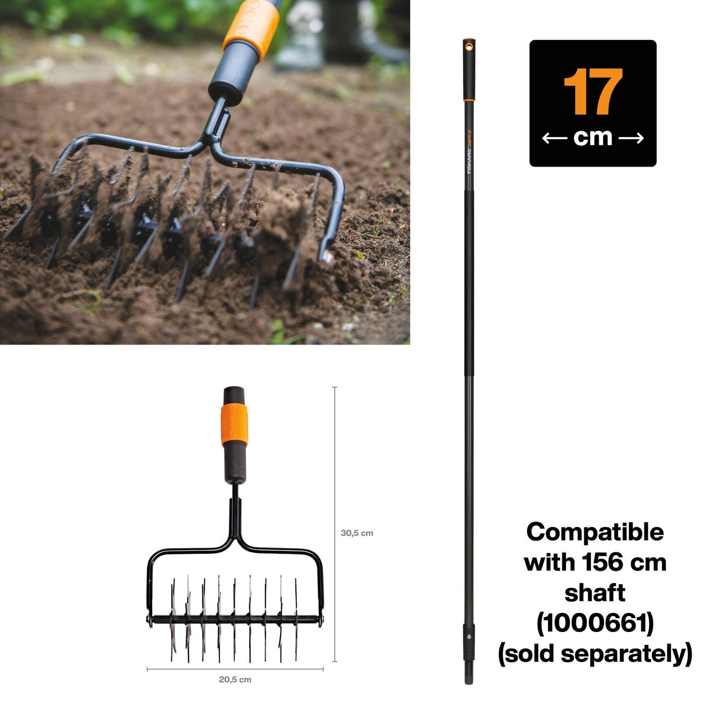 "Fiskars Lawn Spiker, Tool Head Compatible with All QuikFit Handles, Width: 17 cm, steel, Black/Orange, 1000689"