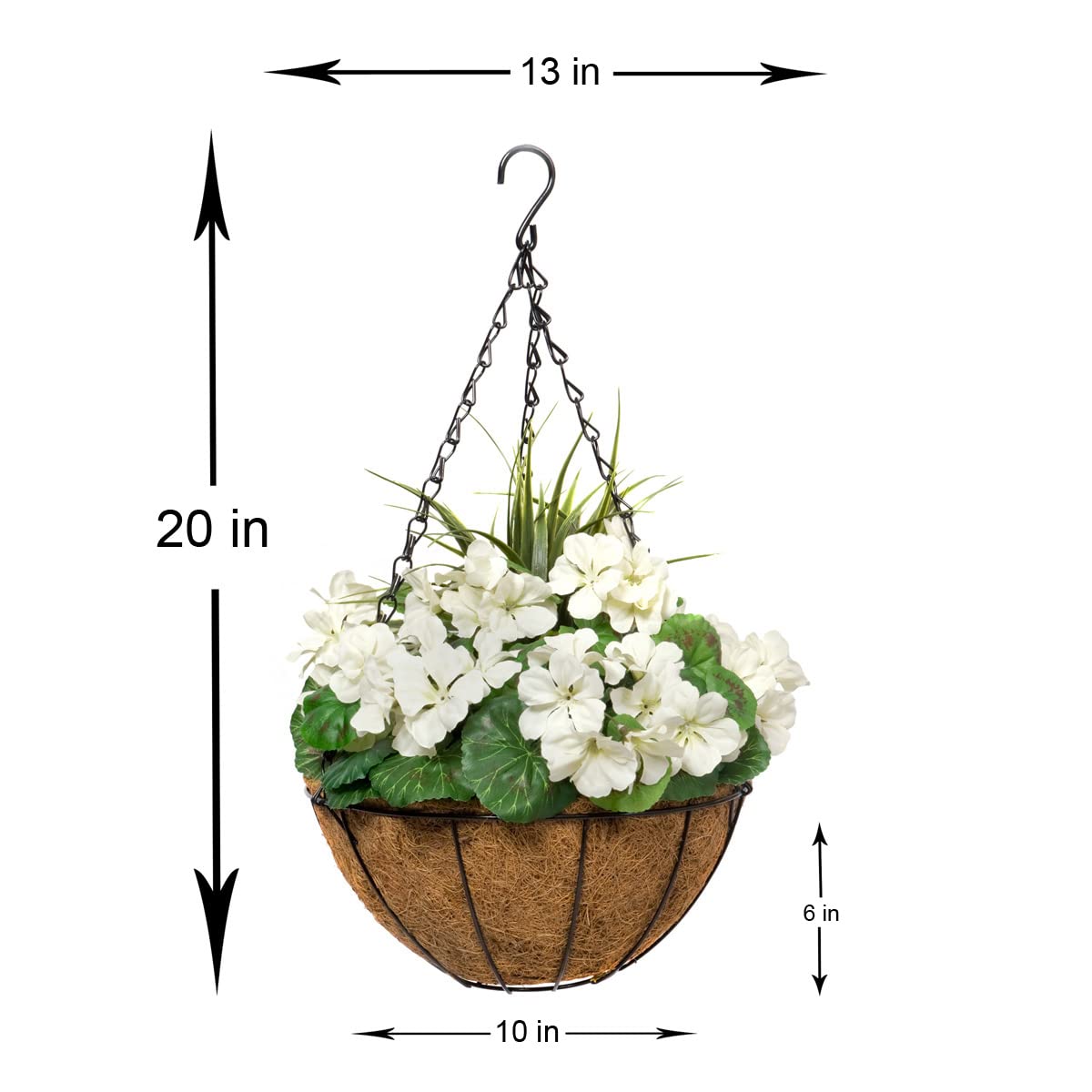 Set of two GreenBrokers 52cm round coir hanging planters with white geraniums, perfect for outdoor garden decor.