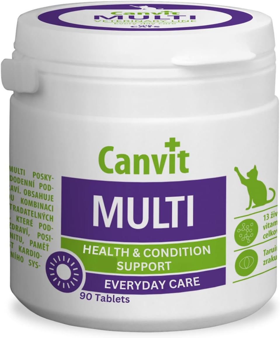 Canvit multivitamins for cats in a 100g container, supporting daily health, immunity, and stress relief for feline wellness.