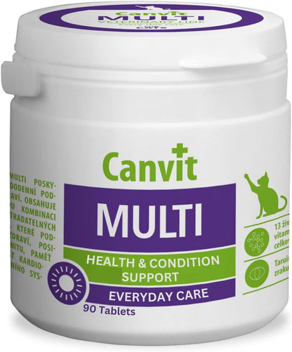 Canvit multivitamins for cats in a 100g container, supporting daily health, immunity, and stress relief for feline wellness.