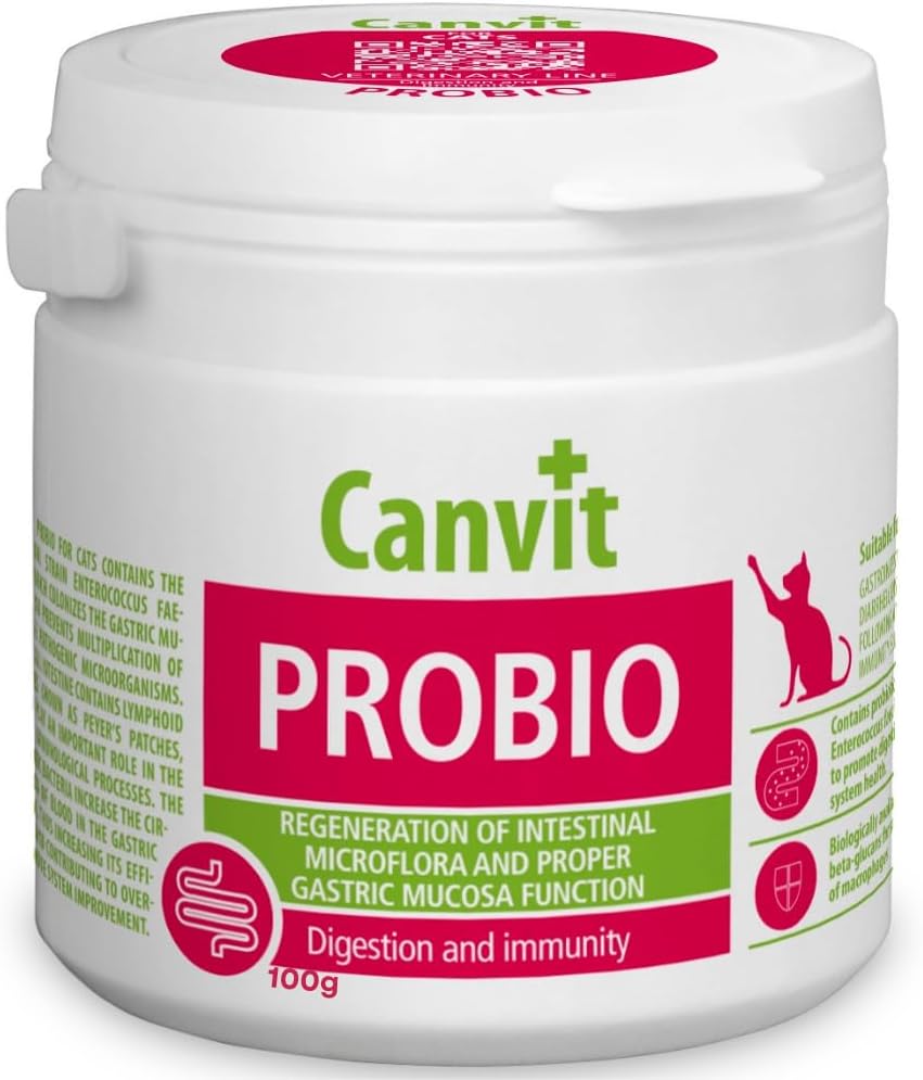 Canvit Probio probiotic supplement for cats in a 100g container, featuring powder form with a scoop for healthy digestion.
