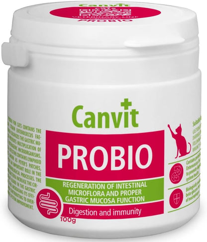 Canvit Probio probiotic supplement for cats in a 100g container, featuring powder form with a scoop for healthy digestion.
