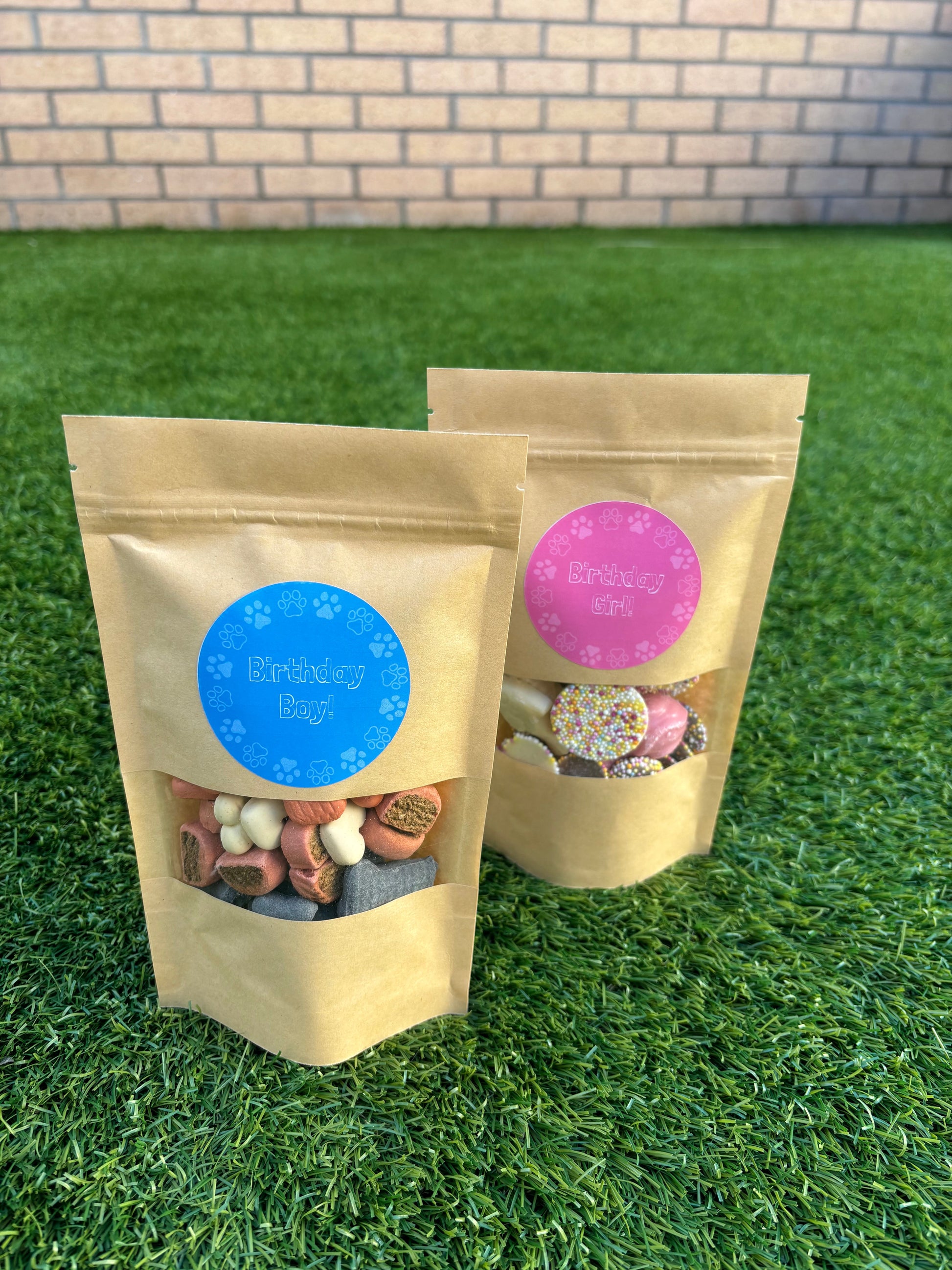 Happy Barkday Treat Pick n Mix chocolate treats for dogs by The Bonnie Hound, 150g, with assorted chocolate-flavored dog treats in a colorful package.