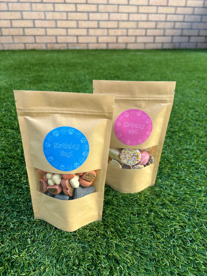 Happy Barkday Treat Pick n Mix chocolate treats for dogs by The Bonnie Hound, 150g, with assorted chocolate-flavored dog treats in a colorful package.