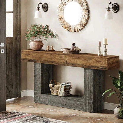 Distressed Wood Console Table 160cm - 2-Tier Sofa & Entry Table