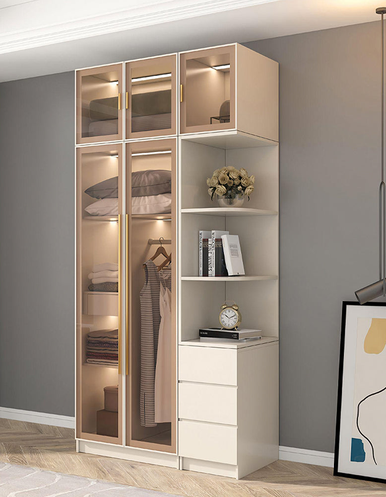 DC Concept Varela glass door wardrobe with LED lights, corner design, available in multiple sizes, modern bedroom storage solution.