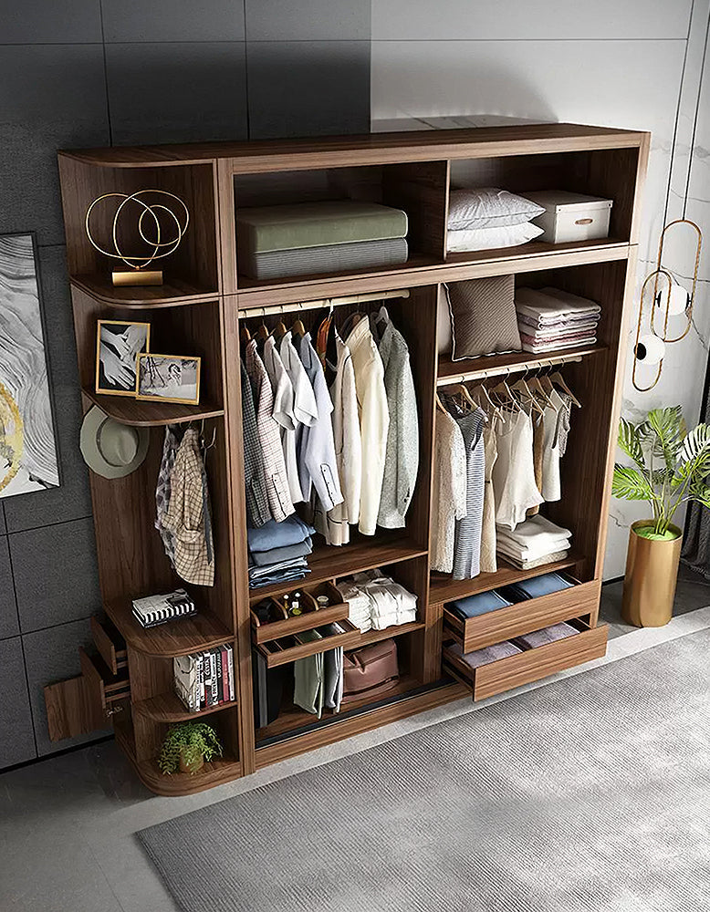 Ueda double sliding door wardrobe with integrated lights in wood finish, featuring sleek modern design and spacious storage from DC Concept.
