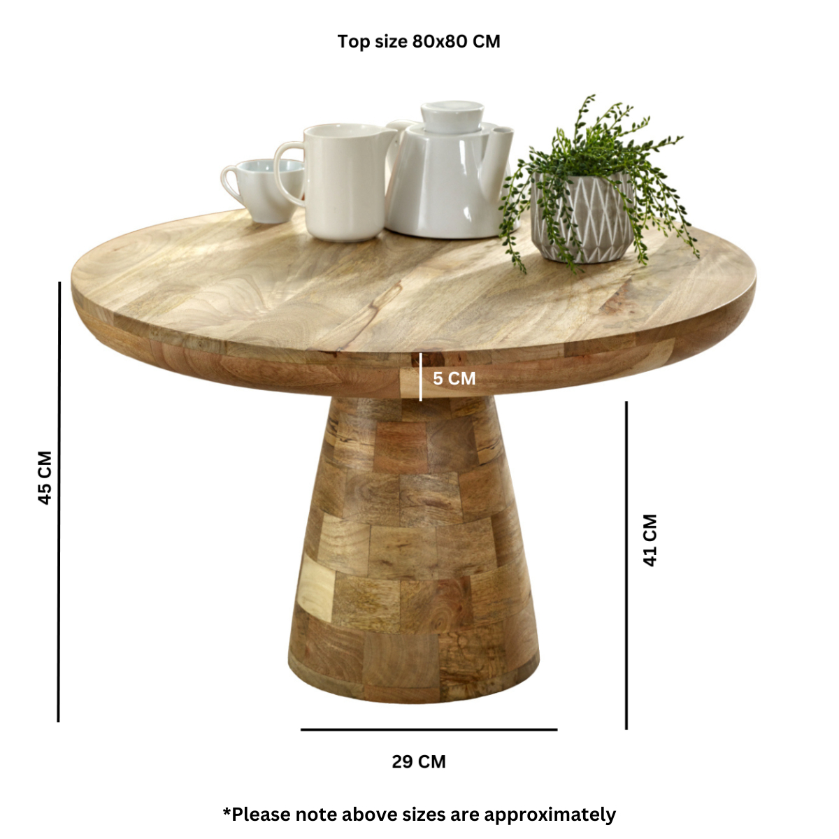 InStock Surrey solid wood mushroom-shaped coffee table with smooth finish, showcasing its unique rounded design and natural wood grain.